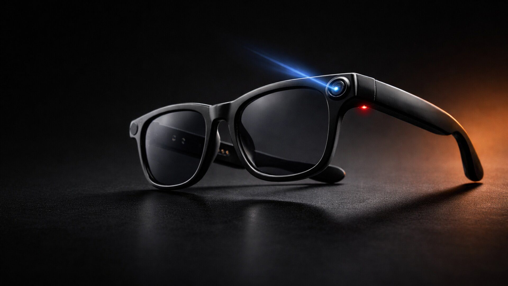 Gafas inteligentes Lensmind con cámara, IA y traductor en tiempo real sobre fondo negro