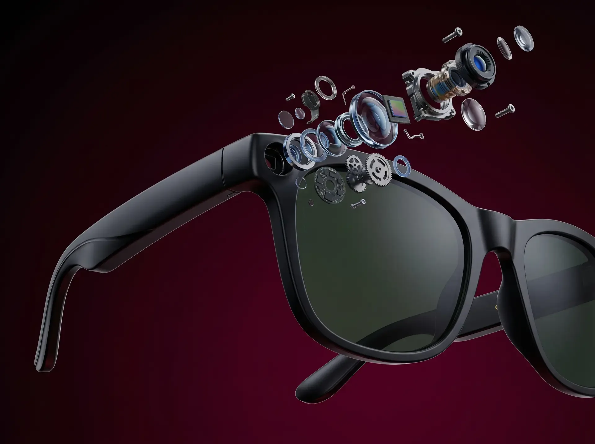 Lensmind™ — vista explotada del módulo de cámara mostrando lentes ópticas, sensor y placa de circuito