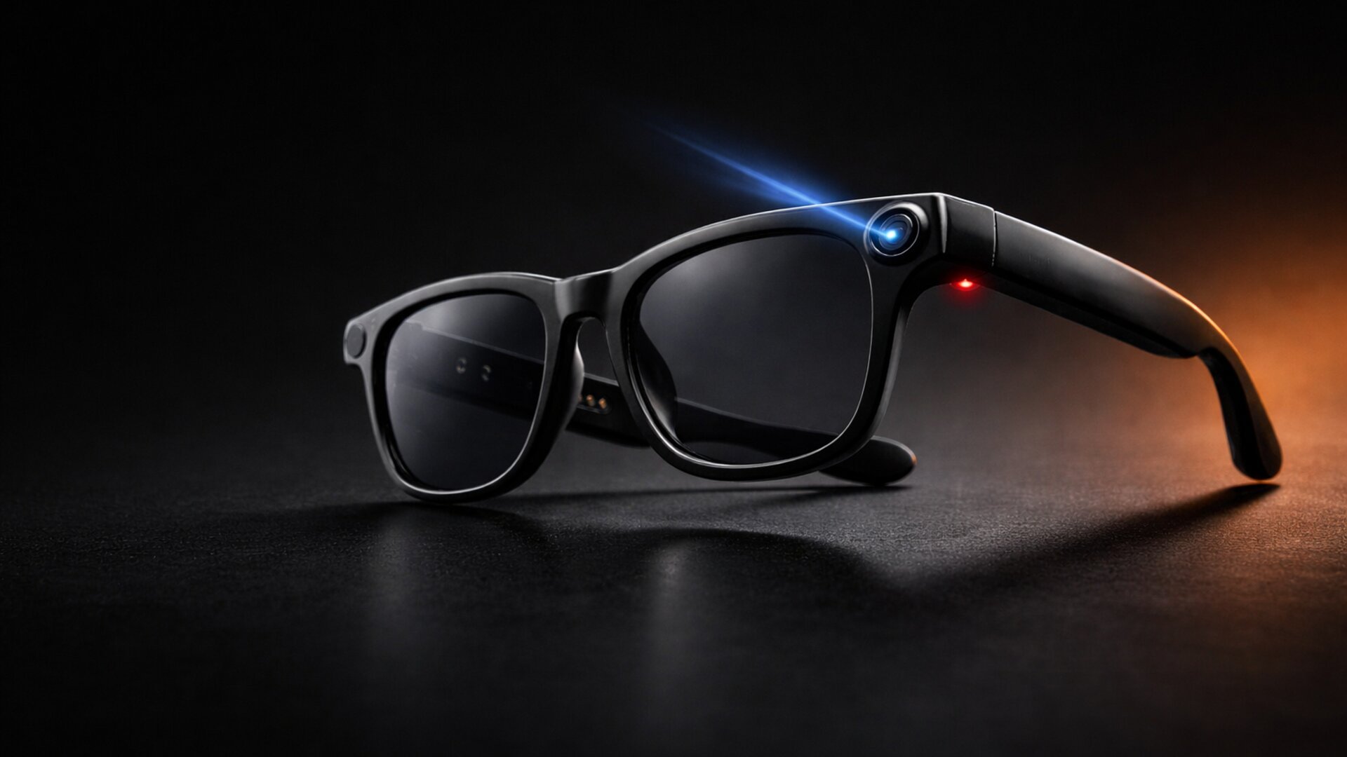 Gafas inteligentes Lensmind con cámara, IA y traductor en tiempo real sobre fondo negro