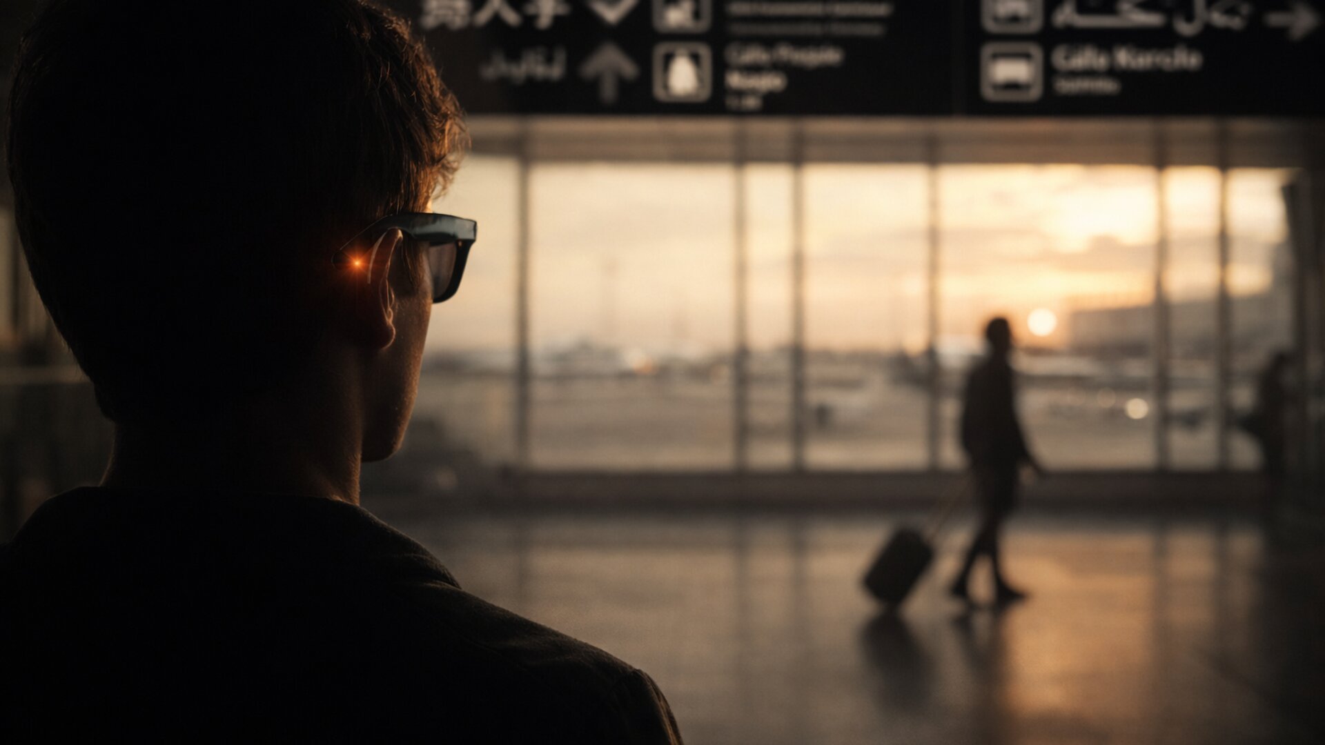 Persona usando gafas inteligentes en aeropuerto internacional con cartel multilingüe al fondo