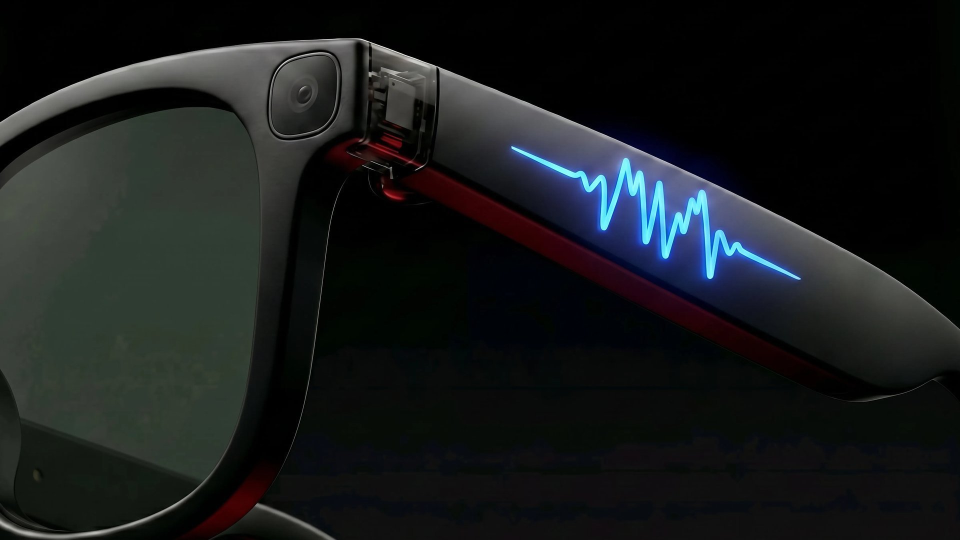 Vista explotada de smart glasses mostrando componentes internos: cámara, batería, placa de circuito, micrófonos — desglose técnico honesto