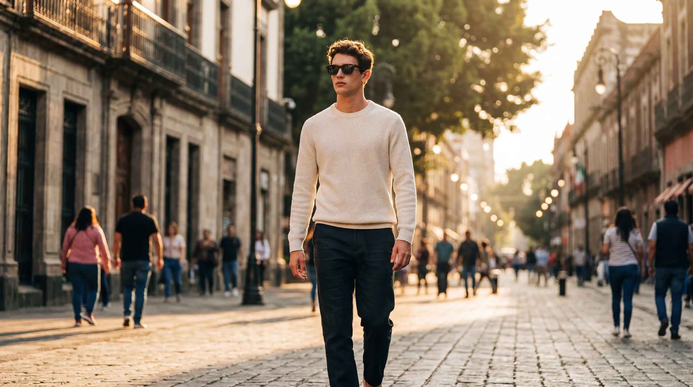 Lensmind™ — joven en el centro histórico de Ciudad de México durante la hora dorada