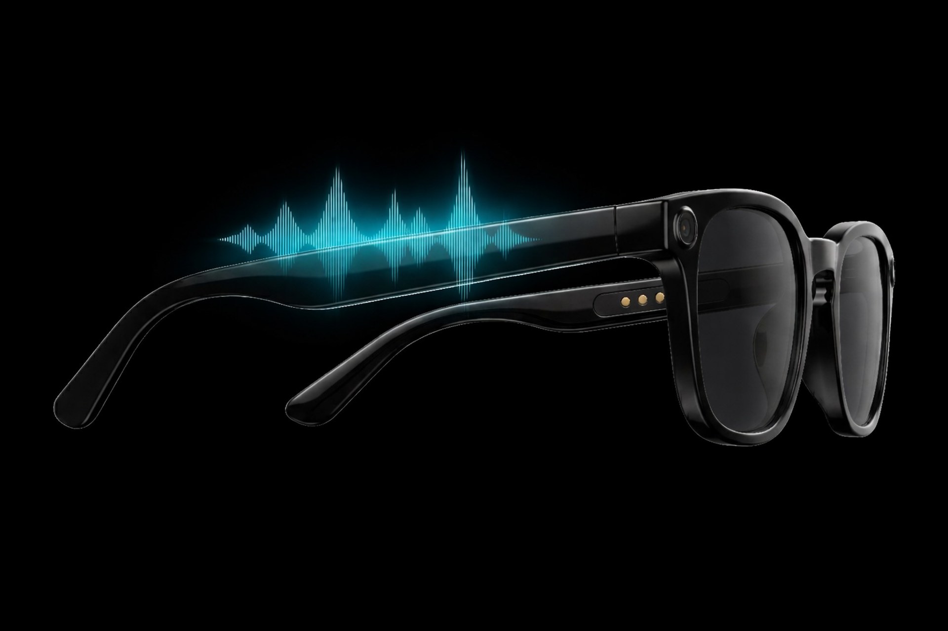 Detalle del lateral de las gafas Lensmind con ondas de audio espacial visibles, mostrando los altavoces direccionales integrados en las patillas